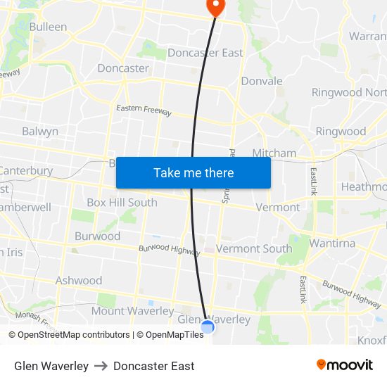 Glen Waverley to Doncaster East map