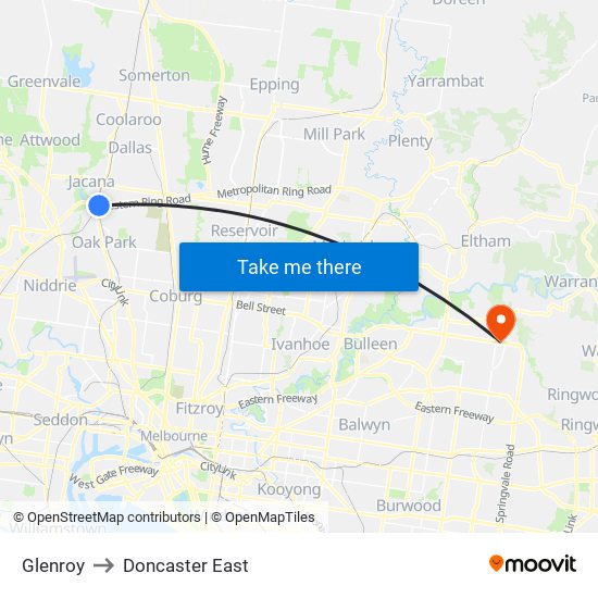 Glenroy to Doncaster East map