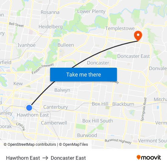 Hawthorn East to Doncaster East map