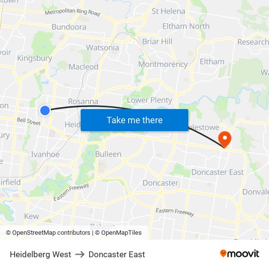 Heidelberg West to Doncaster East map