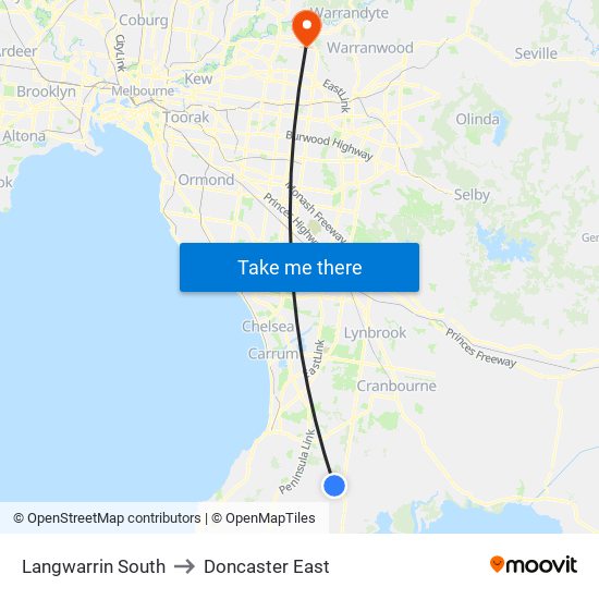 Langwarrin South to Doncaster East map