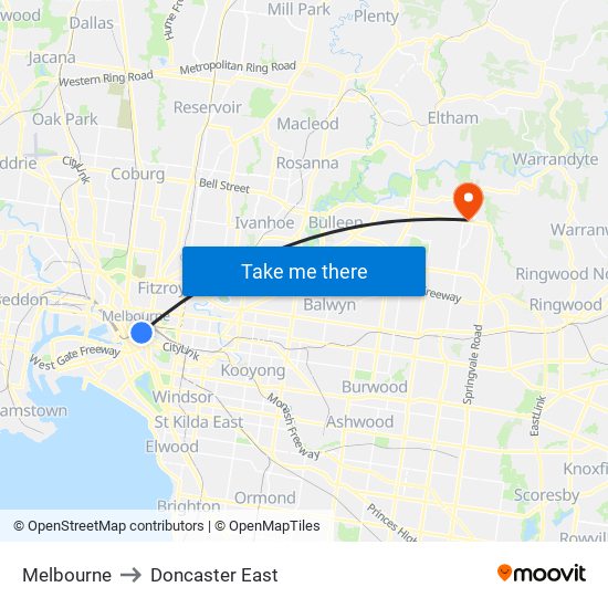 Melbourne to Doncaster East map