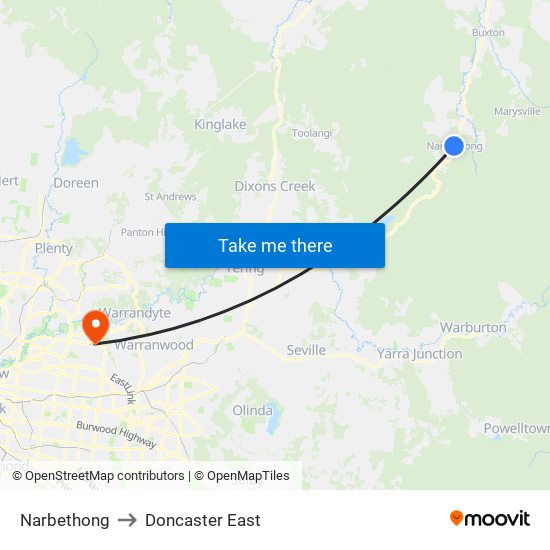 Narbethong to Doncaster East map