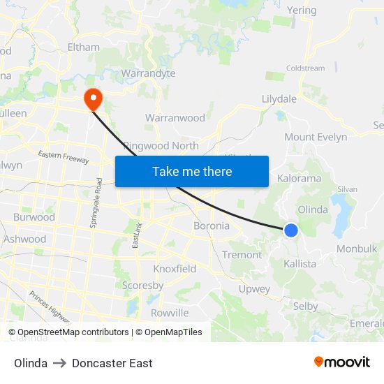 Olinda to Doncaster East map