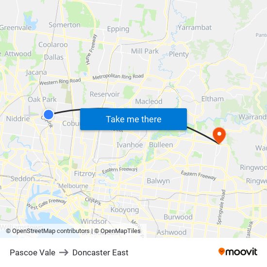 Pascoe Vale to Doncaster East map