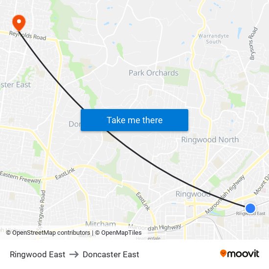 Ringwood East to Doncaster East map