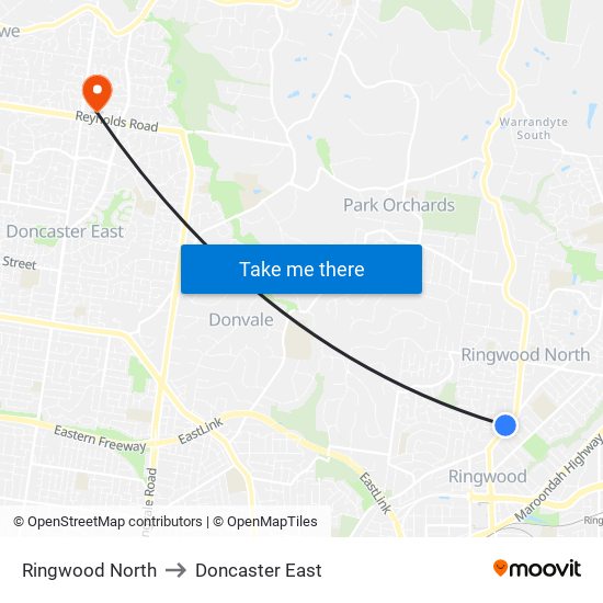 Ringwood North to Doncaster East map