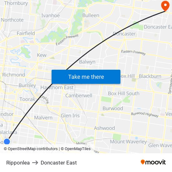 Ripponlea to Doncaster East map