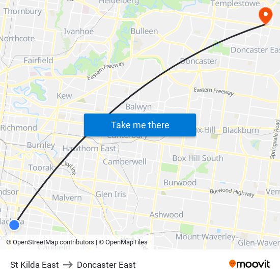 St Kilda East to Doncaster East map