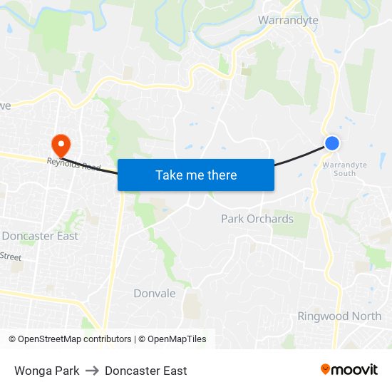 Wonga Park to Doncaster East map