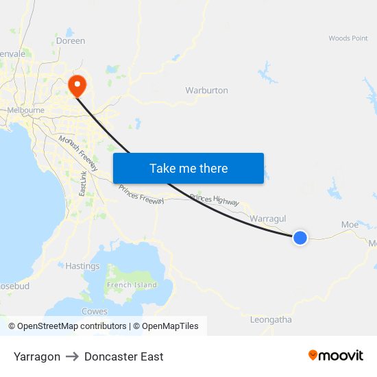 Yarragon to Doncaster East map