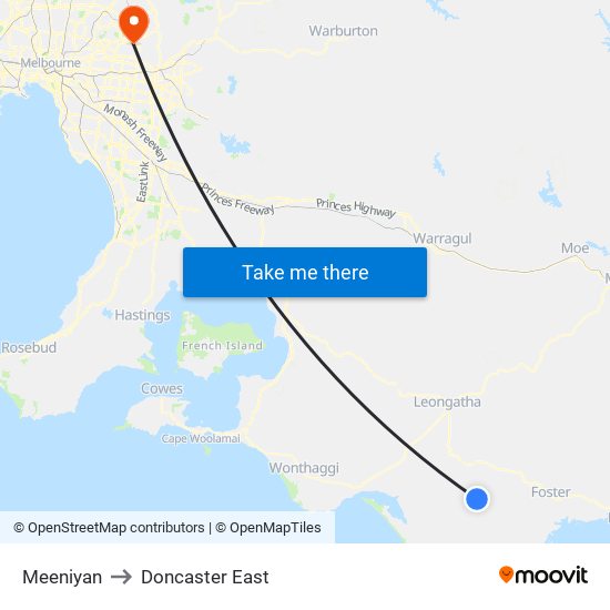 Meeniyan to Doncaster East map