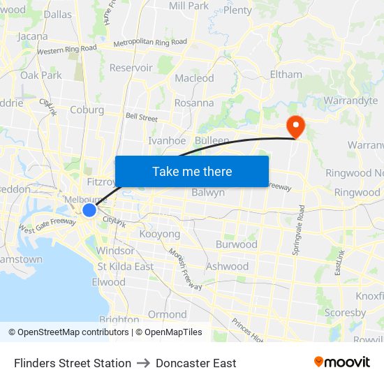 Flinders Street Station to Doncaster East map