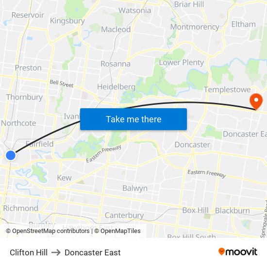 Clifton Hill to Doncaster East map