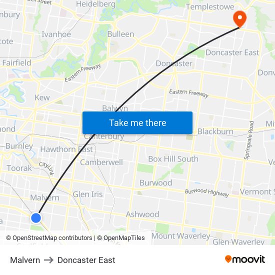 Malvern to Doncaster East map