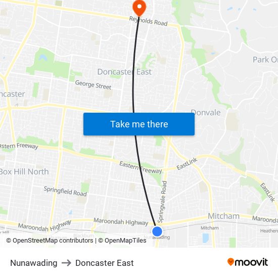 Nunawading to Doncaster East map