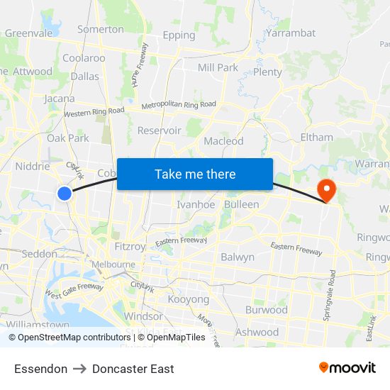Essendon to Doncaster East map