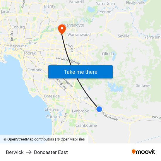 Berwick to Doncaster East map