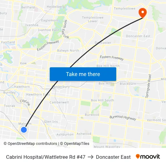 Cabrini Hospital/Wattletree Rd #47 to Doncaster East map