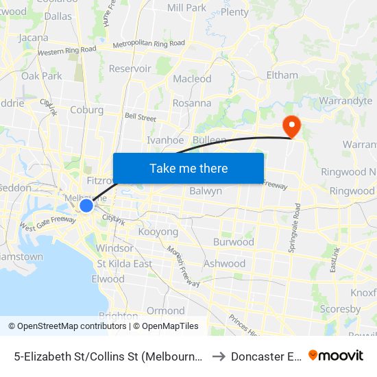 5-Elizabeth St/Collins St (Melbourne City) to Doncaster East map