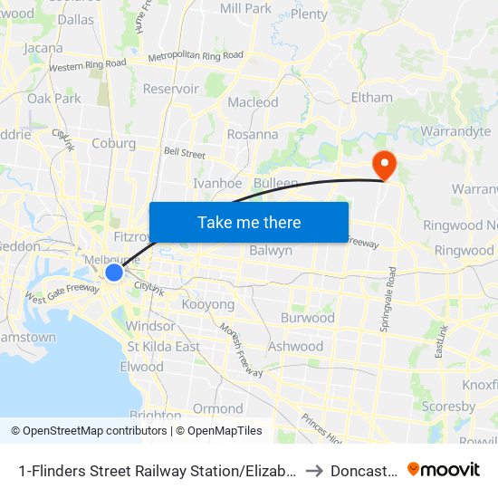 1-Flinders Street Railway Station/Elizabeth St (Melbourne City) to Doncaster East map