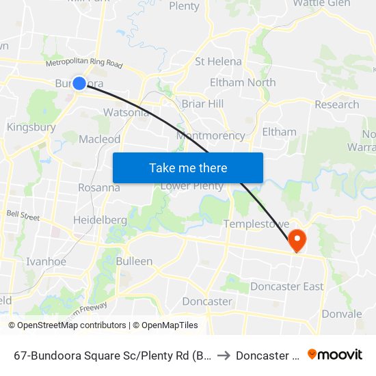 67-Bundoora Square Sc/Plenty Rd (Bundoora) to Doncaster East map