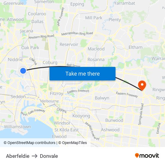 Aberfeldie to Donvale map