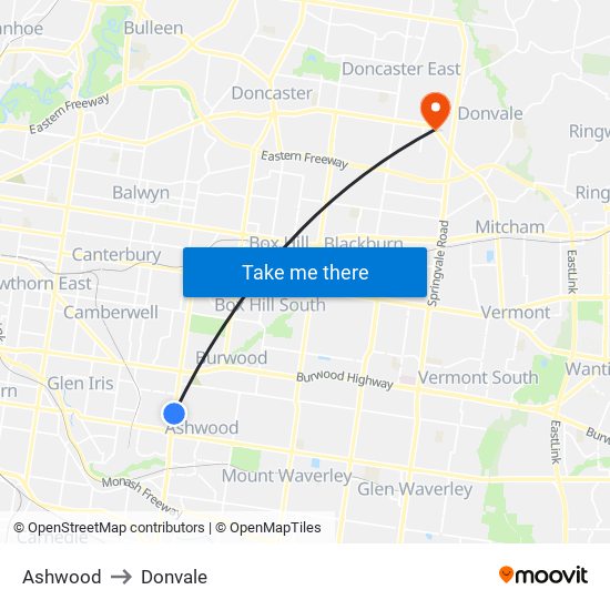 Ashwood to Donvale map