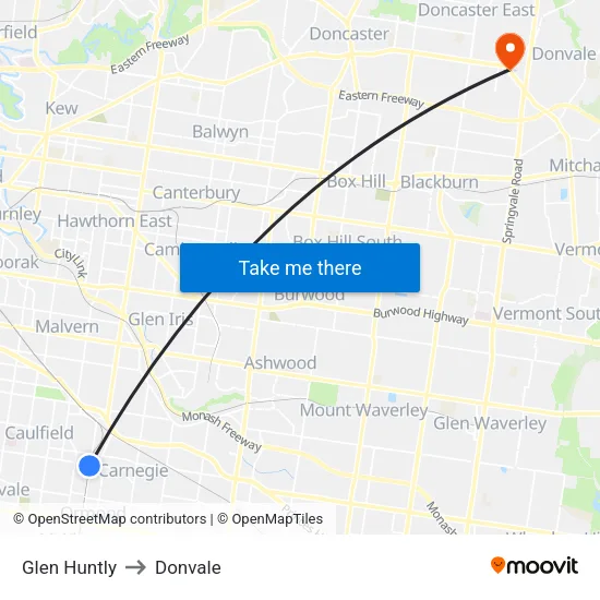 Glen Huntly to Donvale map