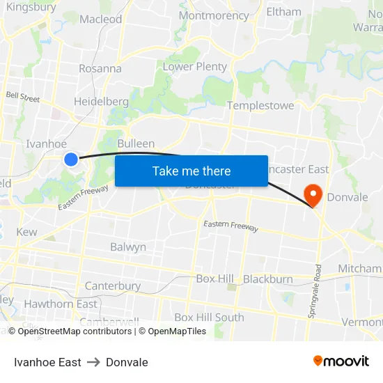 Ivanhoe East to Donvale map
