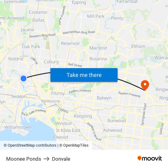 Moonee Ponds to Donvale map