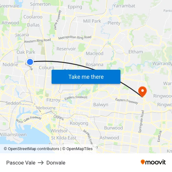 Pascoe Vale to Donvale map