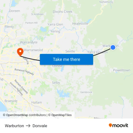 Warburton to Donvale map