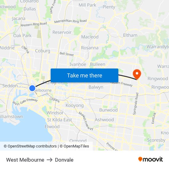 West Melbourne to Donvale map