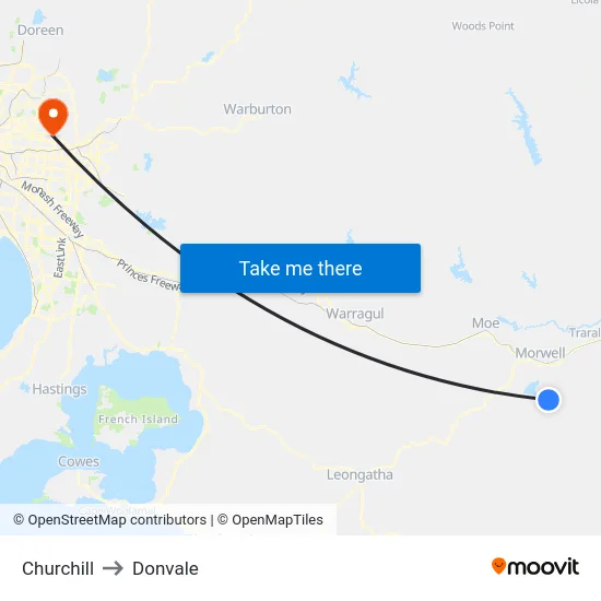 Churchill to Donvale map