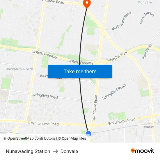 Nunawading Station to Donvale map