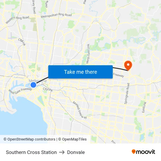 Southern Cross Station to Donvale map