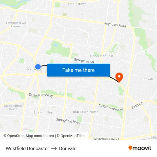 Westfield Doncaster to Donvale map