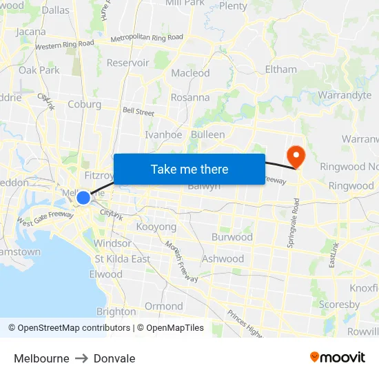 Melbourne to Donvale map