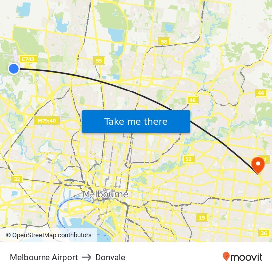 Melbourne Airport to Donvale map