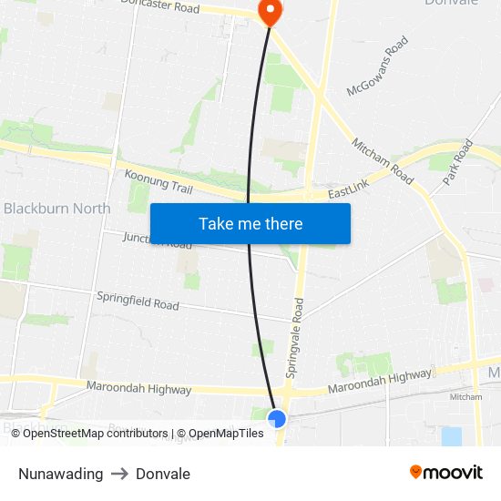 Nunawading to Donvale map