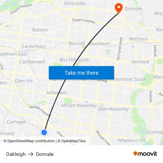 Oakleigh to Donvale map