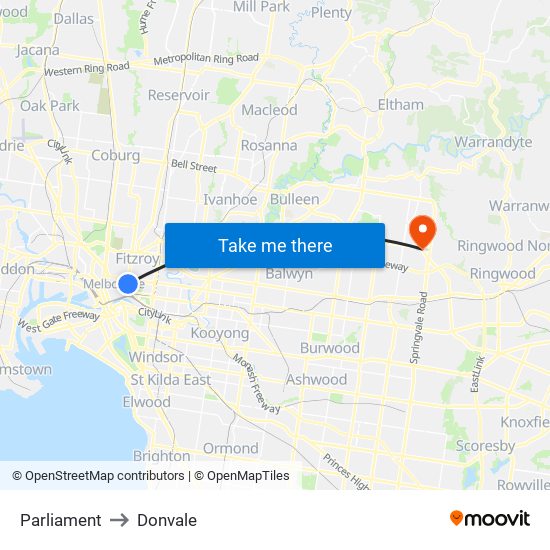 Parliament to Donvale map