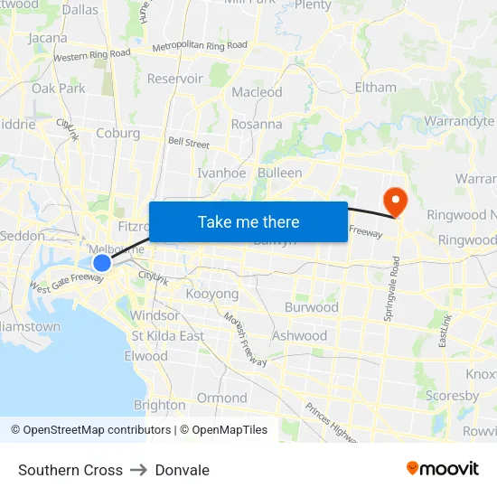 Southern Cross to Donvale map