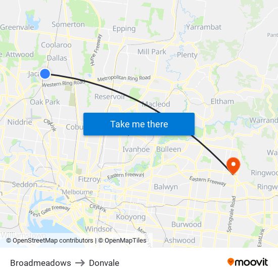 Broadmeadows to Donvale map