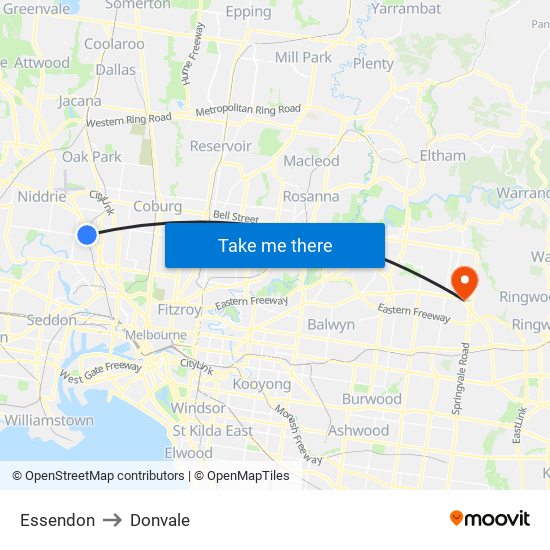 Essendon to Donvale map