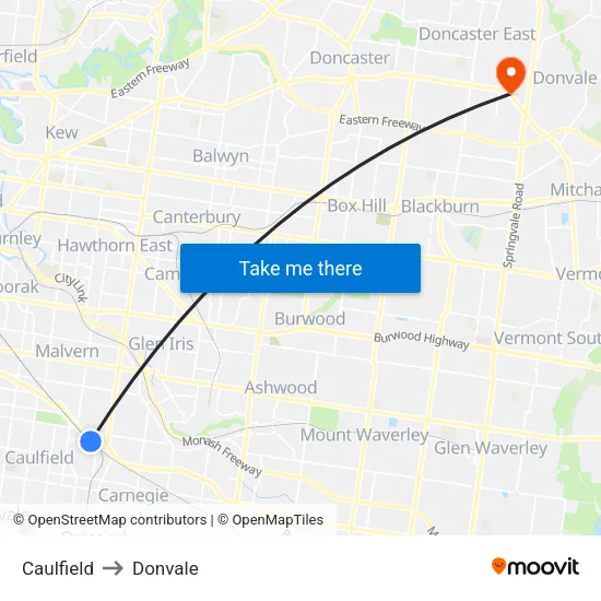 Caulfield to Donvale map