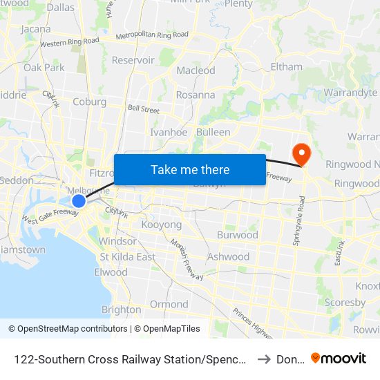 122-Southern Cross Railway Station/Spencer St (Melbourne City) to Donvale map