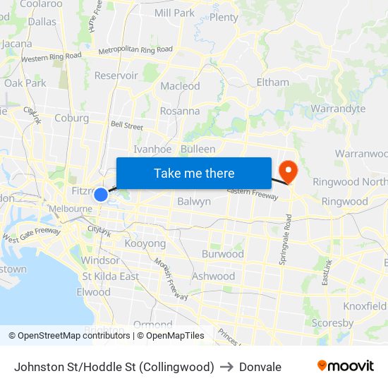 Johnston St/Hoddle St (Collingwood) to Donvale map