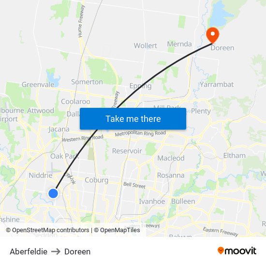 Aberfeldie to Doreen map